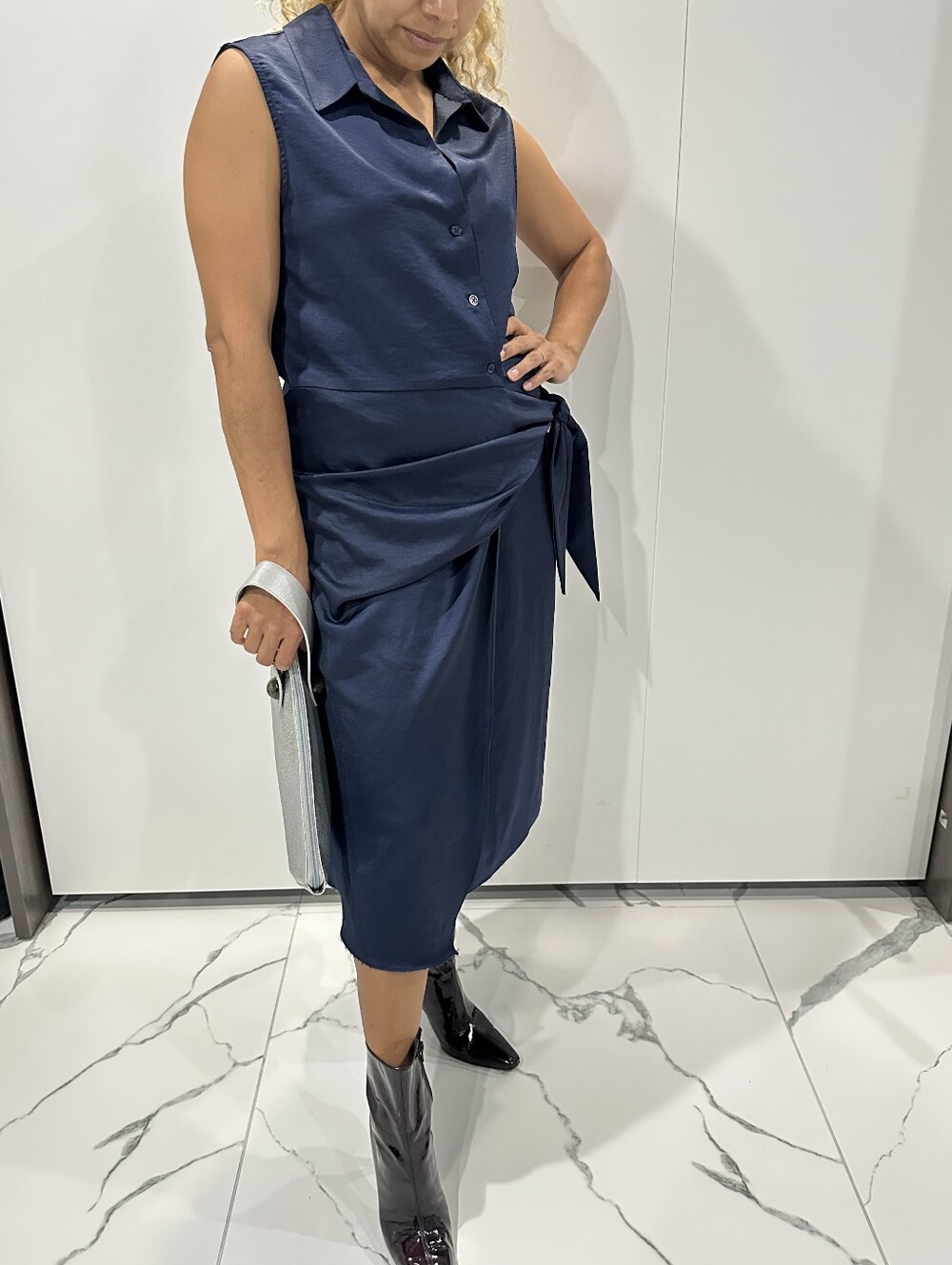 NWT Drew Crystal Wash Quiet Lux Satin Sleeveless Wrap Shirt Dress Navy Size L
